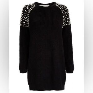 Michelle Mason Faux Pearl Embellished Cotton Sweater Dress In Black Size S
